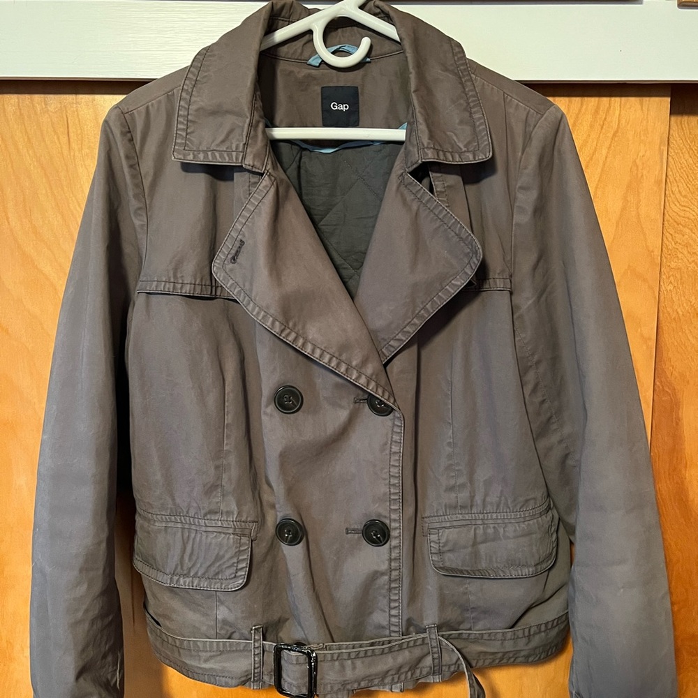 Gap, gray lightweight lined jacket with belt.